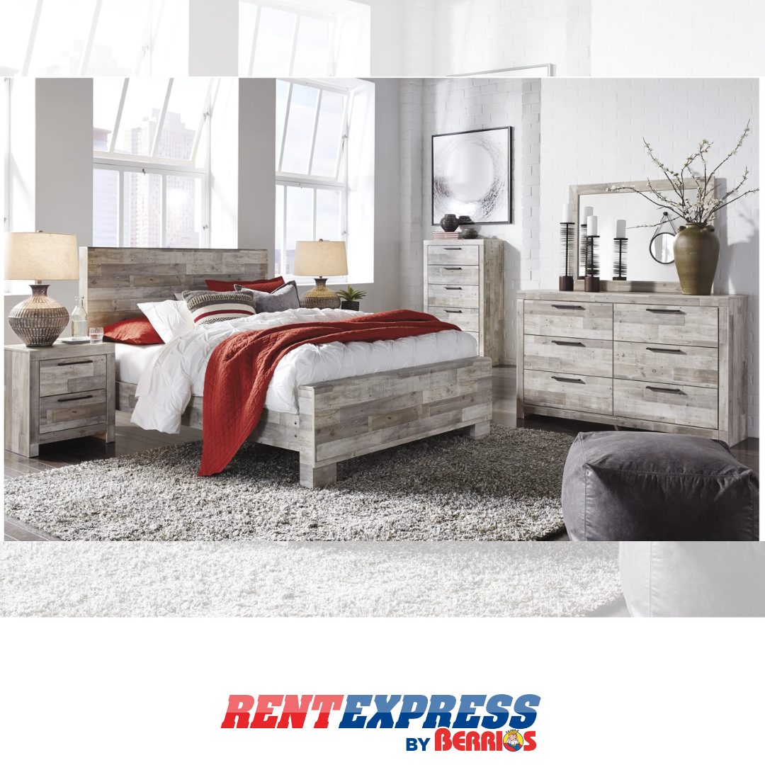 Ashley Set Cama Queen, Gavetero con Espejo y Mesa de Noche